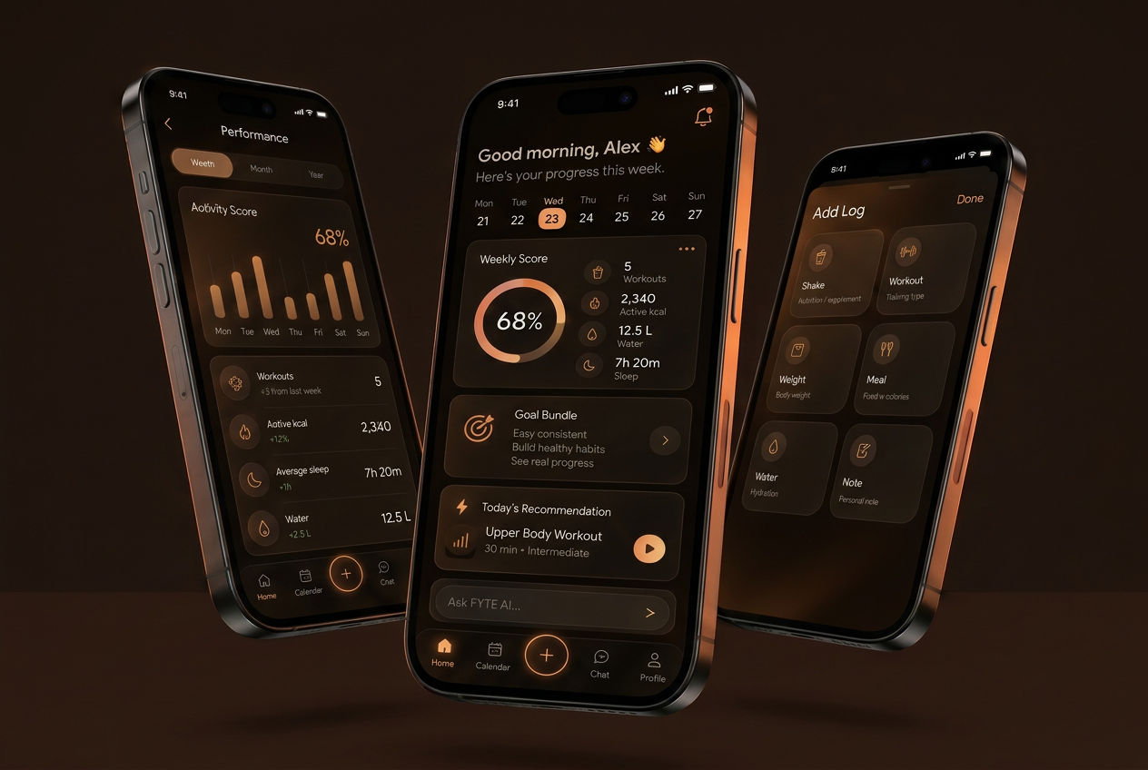 Three premium phones displaying the original FYTE app screens